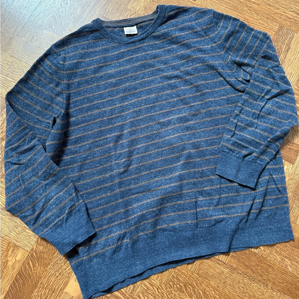 FAHERTY Crewneck Striped Classic Sweater‎ Comfy Lightweight Blue Brown XL